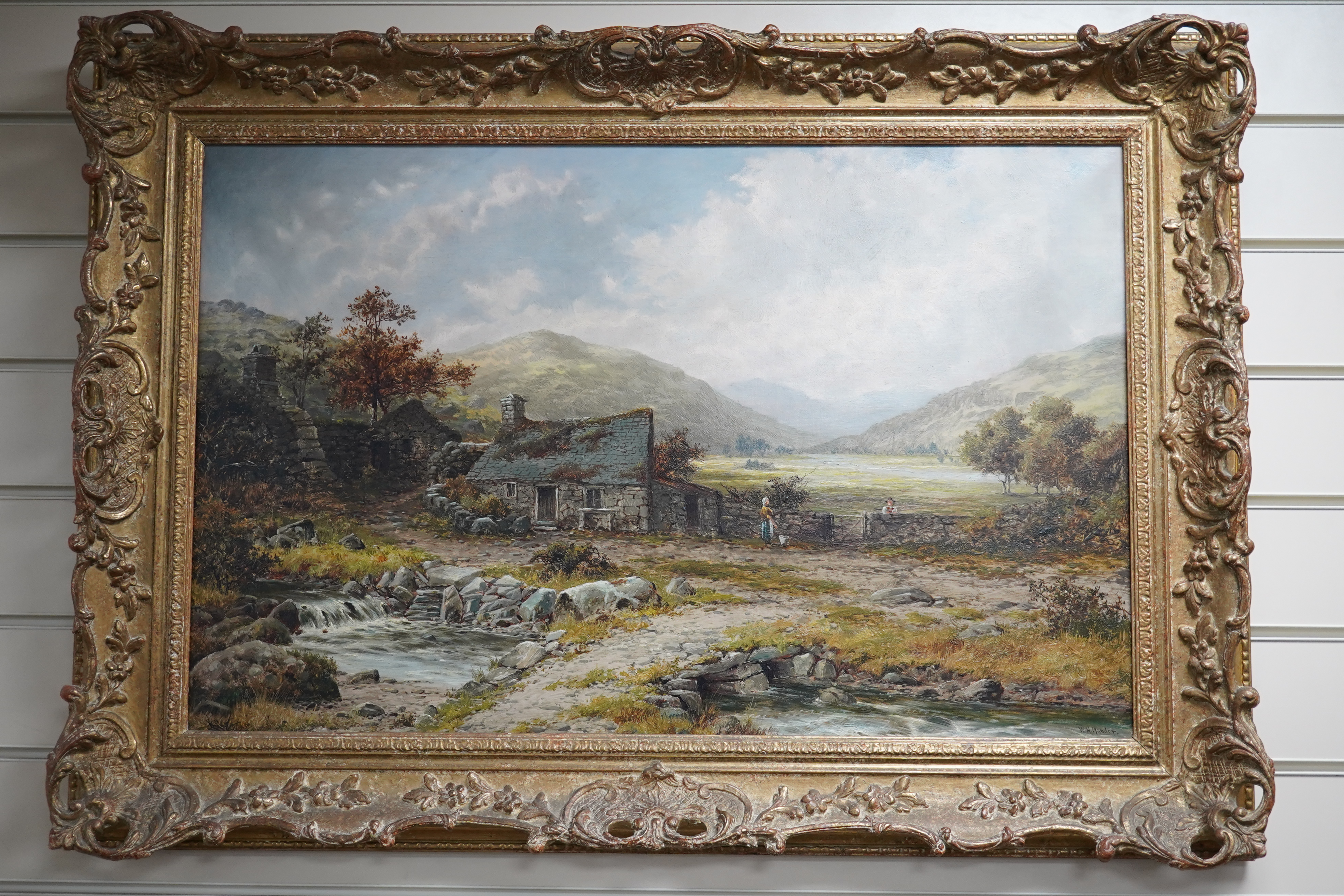 William Henry Mander (1850-1922), oil on canvas, 'Cottages at Towyn, Nr. Barmouth', signed, inscribed label verso, 45 x 70cm, ornately framed. Condition - good